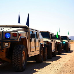 A convoy of military Hummer vehicles consisting of four cars lined up behind each other on a dusty road