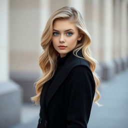 A beautiful Russian girl with wavy blonde hair, striking blue eyes, and fair, pale skin