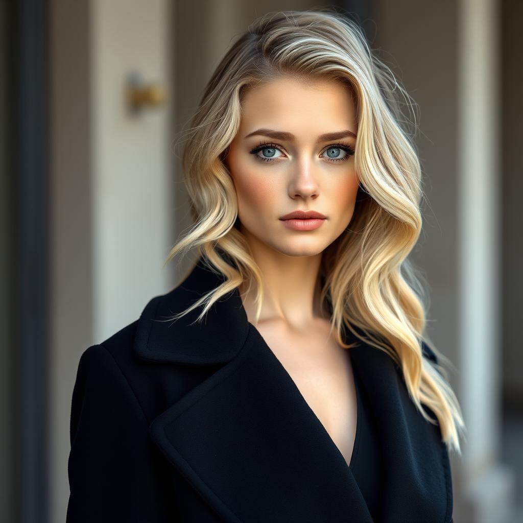 A beautiful Russian girl with wavy blonde hair, striking blue eyes, and fair, pale skin