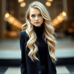 A beautiful Russian girl with wavy blonde hair, striking blue eyes, and fair, pale skin