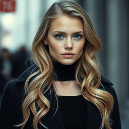 A beautiful Russian girl with wavy blonde hair, striking blue eyes, and fair, pale skin