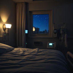 A realistic night scene inside a hospital room, featuring a hospital bed in the foreground