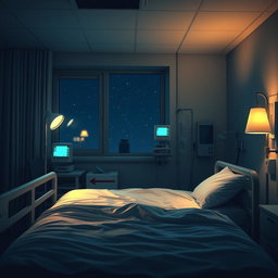 A realistic night scene inside a hospital room, featuring a hospital bed in the foreground