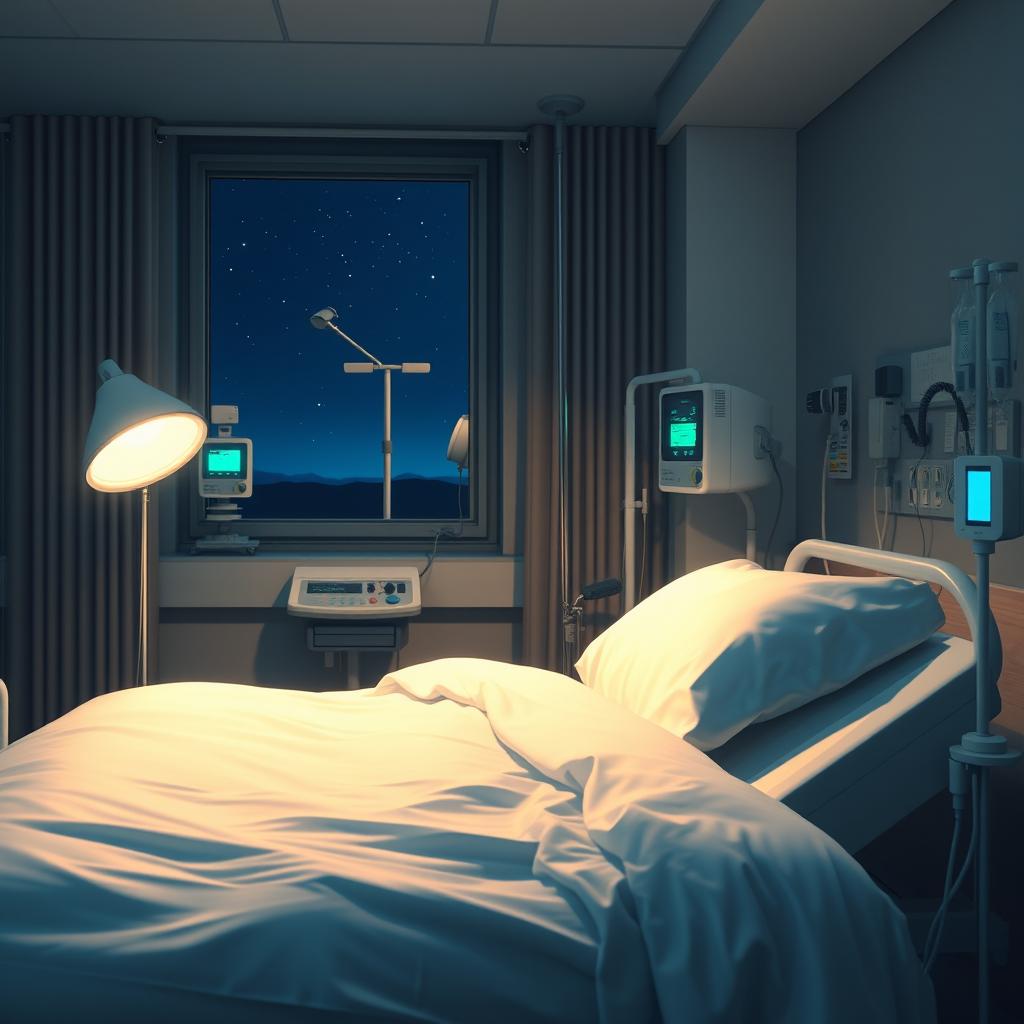 A realistic night scene inside a hospital room, featuring a hospital bed in the foreground