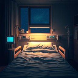 A realistic night scene inside a hospital room, featuring a hospital bed in the foreground