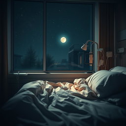 A serene nighttime view from a hospital bed, observing the hospital's interior filled with soft, warm lighting