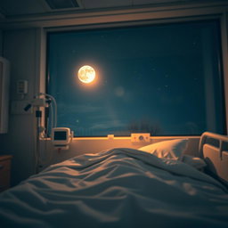 A serene nighttime view from a hospital bed, observing the hospital's interior filled with soft, warm lighting