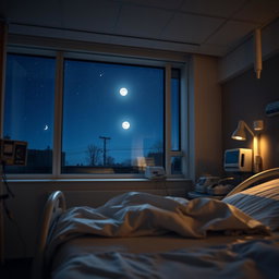 A serene nighttime view from a hospital bed, observing the hospital's interior filled with soft, warm lighting