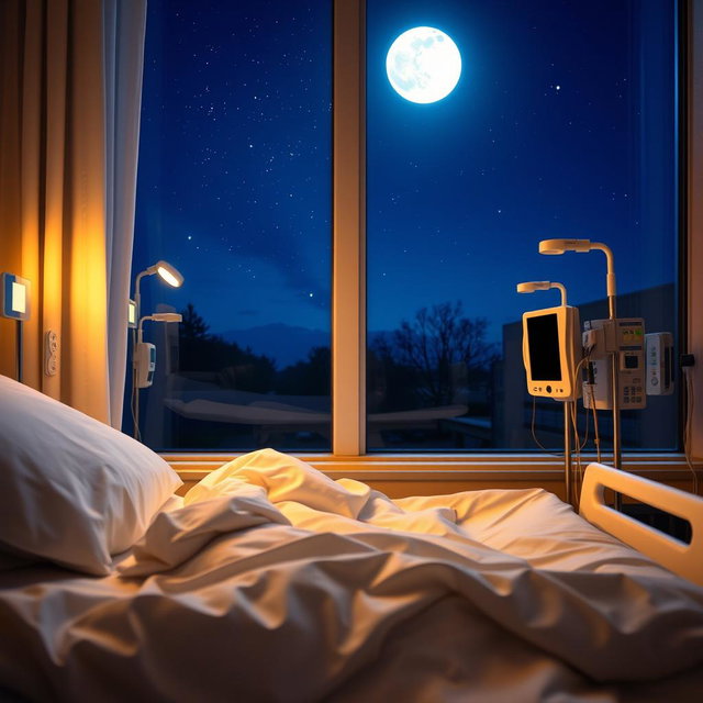 A serene nighttime view from a hospital bed, observing the hospital's interior filled with soft, warm lighting