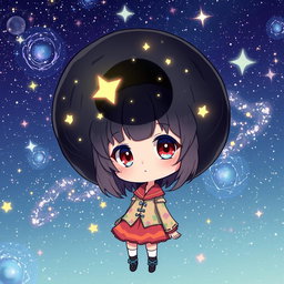 An anime-style illustration featuring a petite girl with a unique and whimsical black hole for a head, swirling cosmic patterns and twinkling stars within