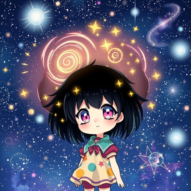 An anime-style illustration featuring a petite girl with a unique and whimsical black hole for a head, swirling cosmic patterns and twinkling stars within