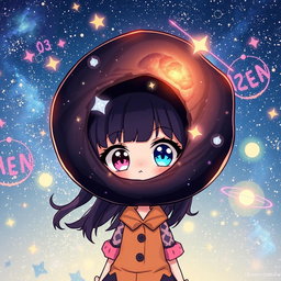 An anime-style illustration featuring a petite girl with a unique and whimsical black hole for a head, swirling cosmic patterns and twinkling stars within