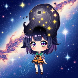 An anime-style illustration featuring a petite girl with a unique and whimsical black hole for a head, swirling cosmic patterns and twinkling stars within