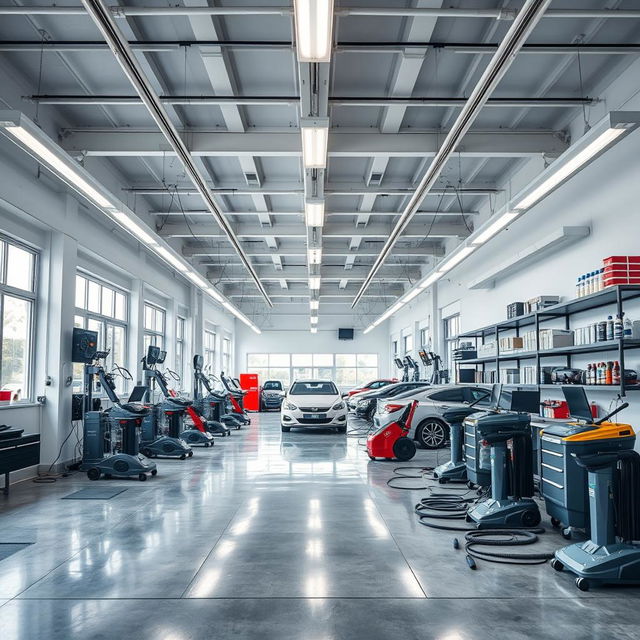 A spacious and well-equipped car detailing workshop measuring 20 meters in length and 6 meters in height