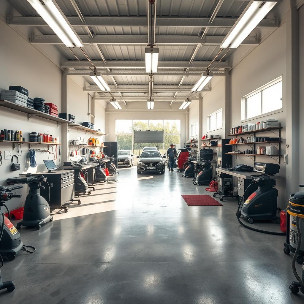 A spacious and well-equipped car detailing workshop measuring 20 meters in length and 6 meters in height