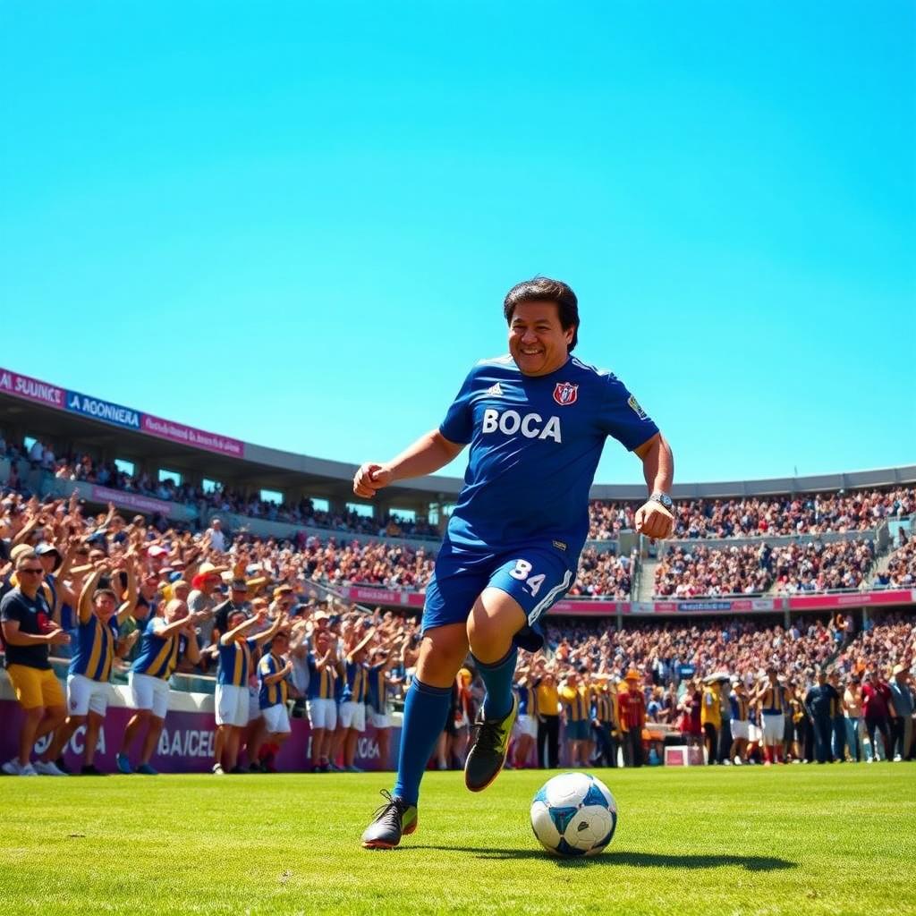 Evo Morales, the former president of Bolivia, wearing a Boca Juniors soccer jersey, joyfully playing soccer on the field at La Bombonera stadium