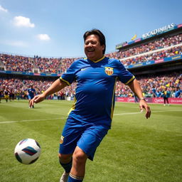 Evo Morales, the former president of Bolivia, wearing a Boca Juniors soccer jersey, joyfully playing soccer on the field at La Bombonera stadium