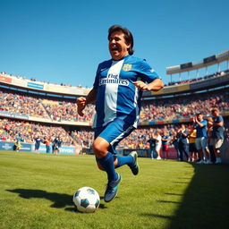Evo Morales, the former president of Bolivia, wearing a Boca Juniors soccer jersey, joyfully playing soccer on the field at La Bombonera stadium