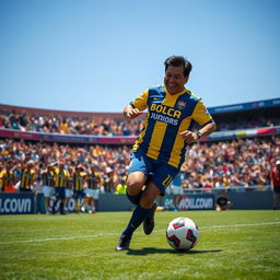 Evo Morales, the former president of Bolivia, wearing a Boca Juniors soccer jersey, joyfully playing soccer on the field at La Bombonera stadium