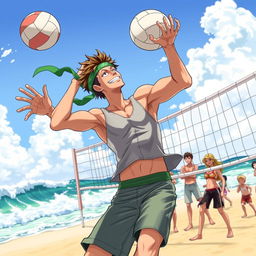 Zoro from One Piece energetically playing volleyball on a sunny beach, his trademark green bandana fluttering in the wind