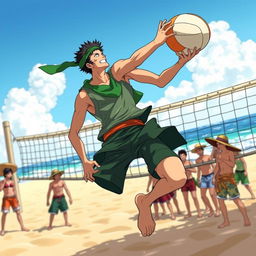 Zoro from One Piece energetically playing volleyball on a sunny beach, his trademark green bandana fluttering in the wind