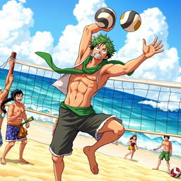 Zoro from One Piece energetically playing volleyball on a sunny beach, his trademark green bandana fluttering in the wind