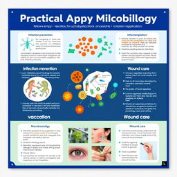A scientific poster focusing on the practical applications of microbiology in infection prevention, vaccination, and wound care