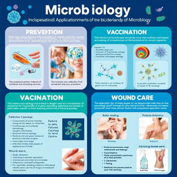 A scientific poster focusing on the practical applications of microbiology in infection prevention, vaccination, and wound care