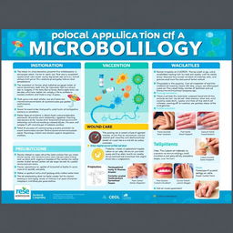 A scientific poster focusing on the practical applications of microbiology in infection prevention, vaccination, and wound care