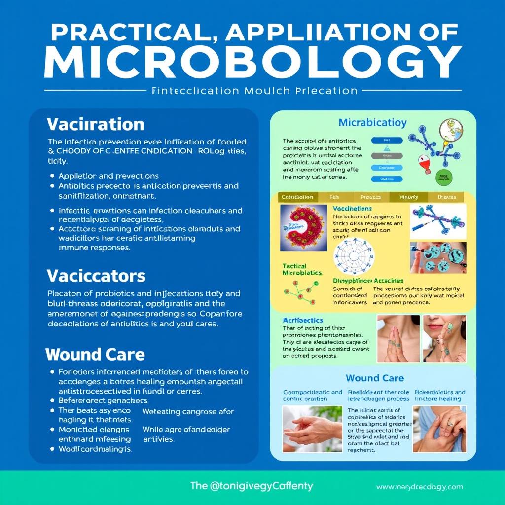 A scientific poster focusing on the practical applications of microbiology in infection prevention, vaccination, and wound care