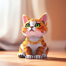 A low-angle shot of a pixel art cat sitting at the bottom of the image, adorned with a shiny golden chain around its neck