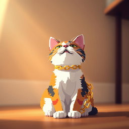 A low-angle shot of a pixel art cat sitting at the bottom of the image, adorned with a shiny golden chain around its neck