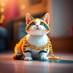 A low-angle shot of a pixel art cat sitting at the bottom of the image, adorned with a shiny golden chain around its neck