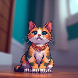 A low-angle shot of a pixel art cat sitting at the bottom of the image, adorned with a shiny golden chain around its neck