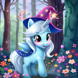 A whimsical portrayal of Trixie from My Little Pony, featuring her in a vibrant, enchanted forest setting