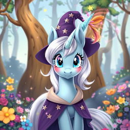 A whimsical portrayal of Trixie from My Little Pony, featuring her in a vibrant, enchanted forest setting