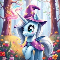 A whimsical portrayal of Trixie from My Little Pony, featuring her in a vibrant, enchanted forest setting