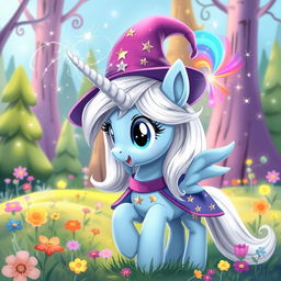 A whimsical portrayal of Trixie from My Little Pony, featuring her in a vibrant, enchanted forest setting