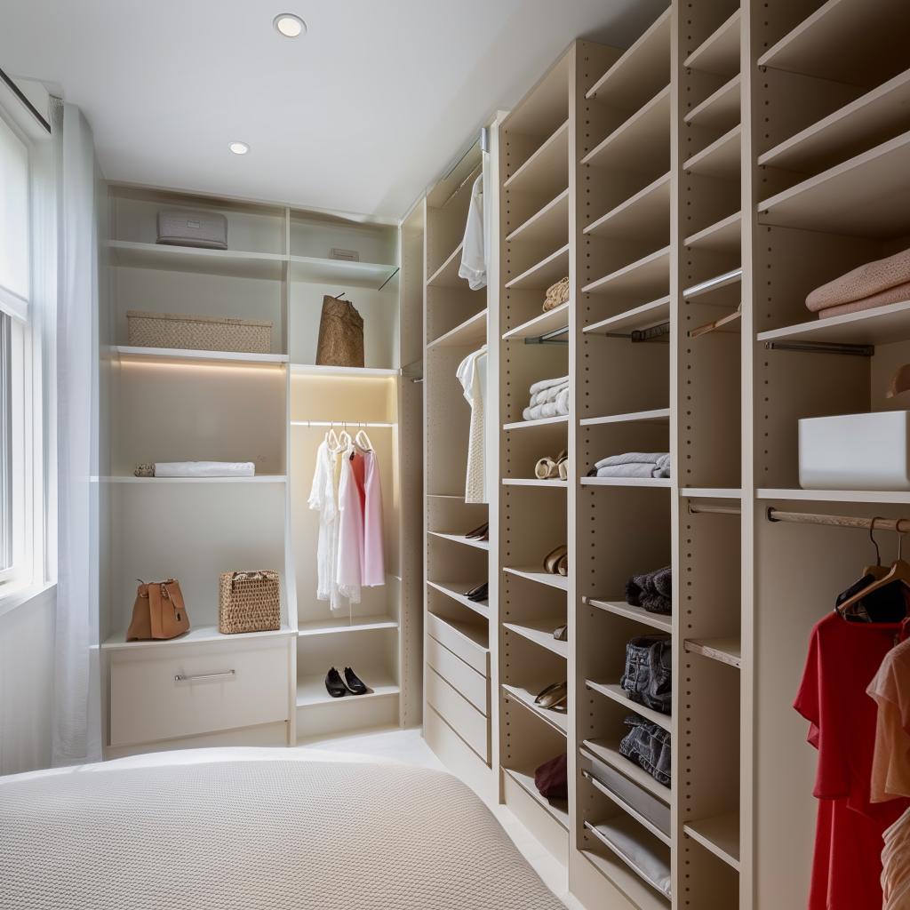 A modern, meticulously designed bedroom featuring a sizeable walk-in closet with organized spaces for clothing and accessories.