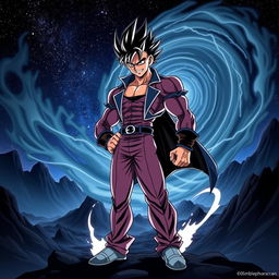 A powerful and menacing figure, inspired by classic anime, with an iconic hairstyle and a flamboyant outfit