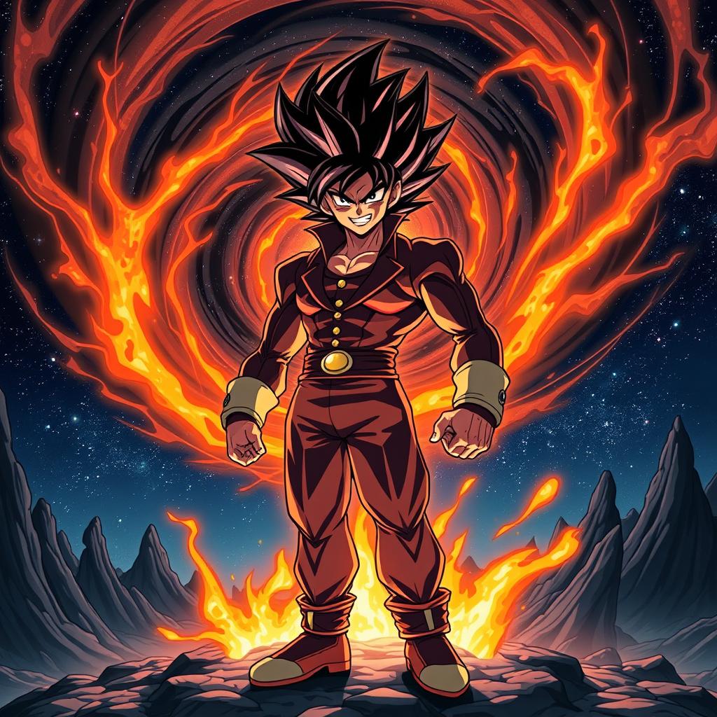 A powerful and menacing figure, inspired by classic anime, with an iconic hairstyle and a flamboyant outfit