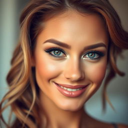 A close-up portrait of a beautiful woman with striking features, wearing dramatic makeup that emphasizes her eyes, showcasing a soft smile
