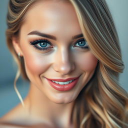 A close-up portrait of a beautiful woman with striking features, wearing dramatic makeup that emphasizes her eyes, showcasing a soft smile