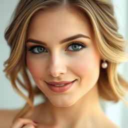 A close-up portrait of a beautiful woman with striking features, wearing dramatic makeup that emphasizes her eyes, showcasing a soft smile