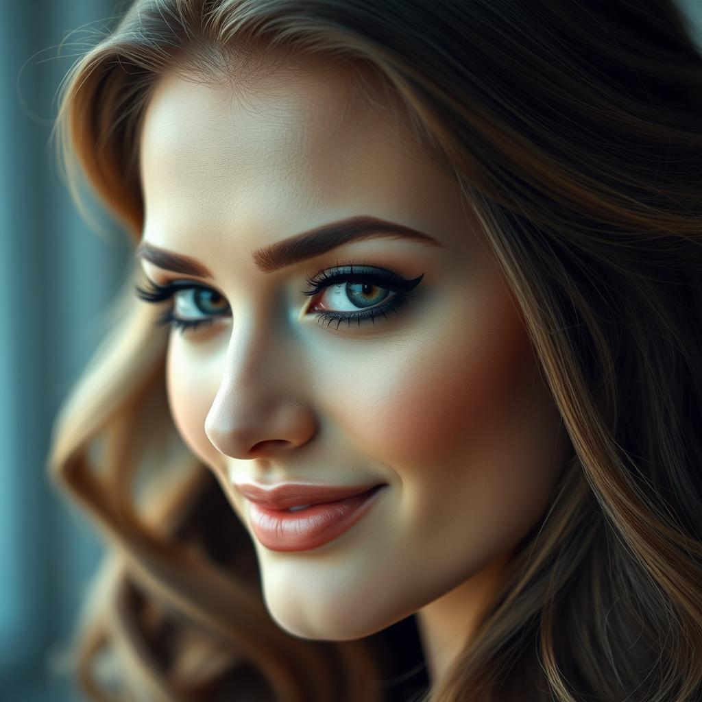 A close-up portrait of a beautiful woman with striking features, wearing dramatic makeup that emphasizes her eyes, showcasing a soft smile