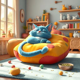 A 3D cartoon scene featuring a lazy cartoon cat lounging on a colorful, oversized cushion in a cozy living room