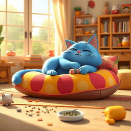 A 3D cartoon scene featuring a lazy cartoon cat lounging on a colorful, oversized cushion in a cozy living room