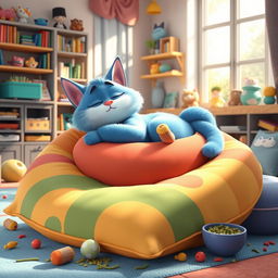 A 3D cartoon scene featuring a lazy cartoon cat lounging on a colorful, oversized cushion in a cozy living room