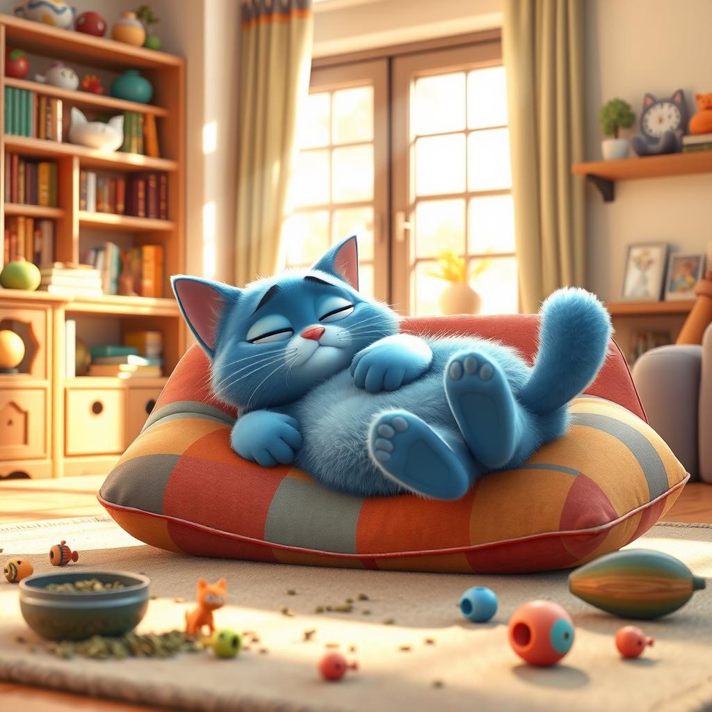 A 3D cartoon scene featuring a lazy cartoon cat lounging on a colorful, oversized cushion in a cozy living room