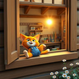 A 3D cartoon cat wearing blue overalls and a tool belt, stretching lazily on a wooden windowsill at sunrise